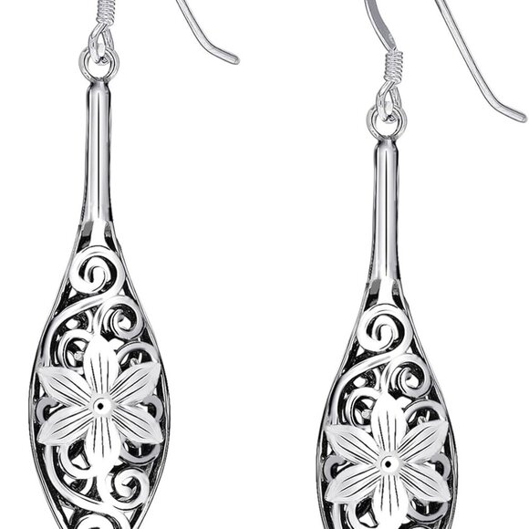925 Sterling Silver Filigree Dangle Drop Earrings | Lightweight Antique Balinese - Picture 1 of 6